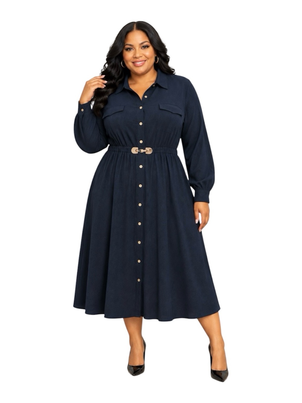 NWT Plus Size Collared Roll Tab Sleeves Button-Down Dress